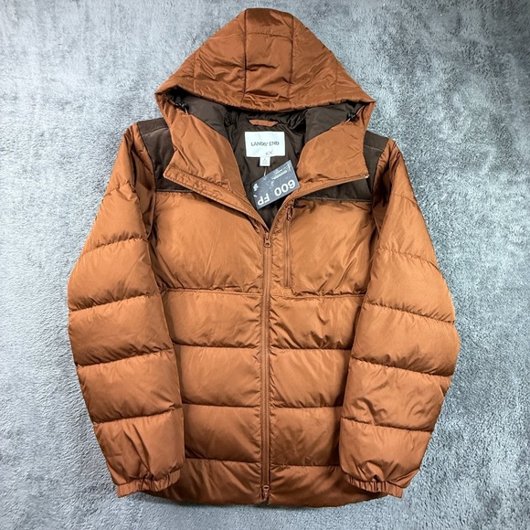 Lands' End Other - Lands End Mens L Down Puffer Jacket Hooded 600 Fill Orange Brown Corduroy NWT